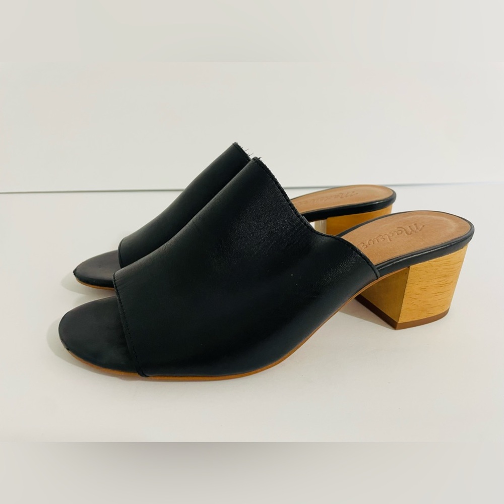 Madewell The Devon Mules sandals slides shoes Black leather size 6 Peep Toe